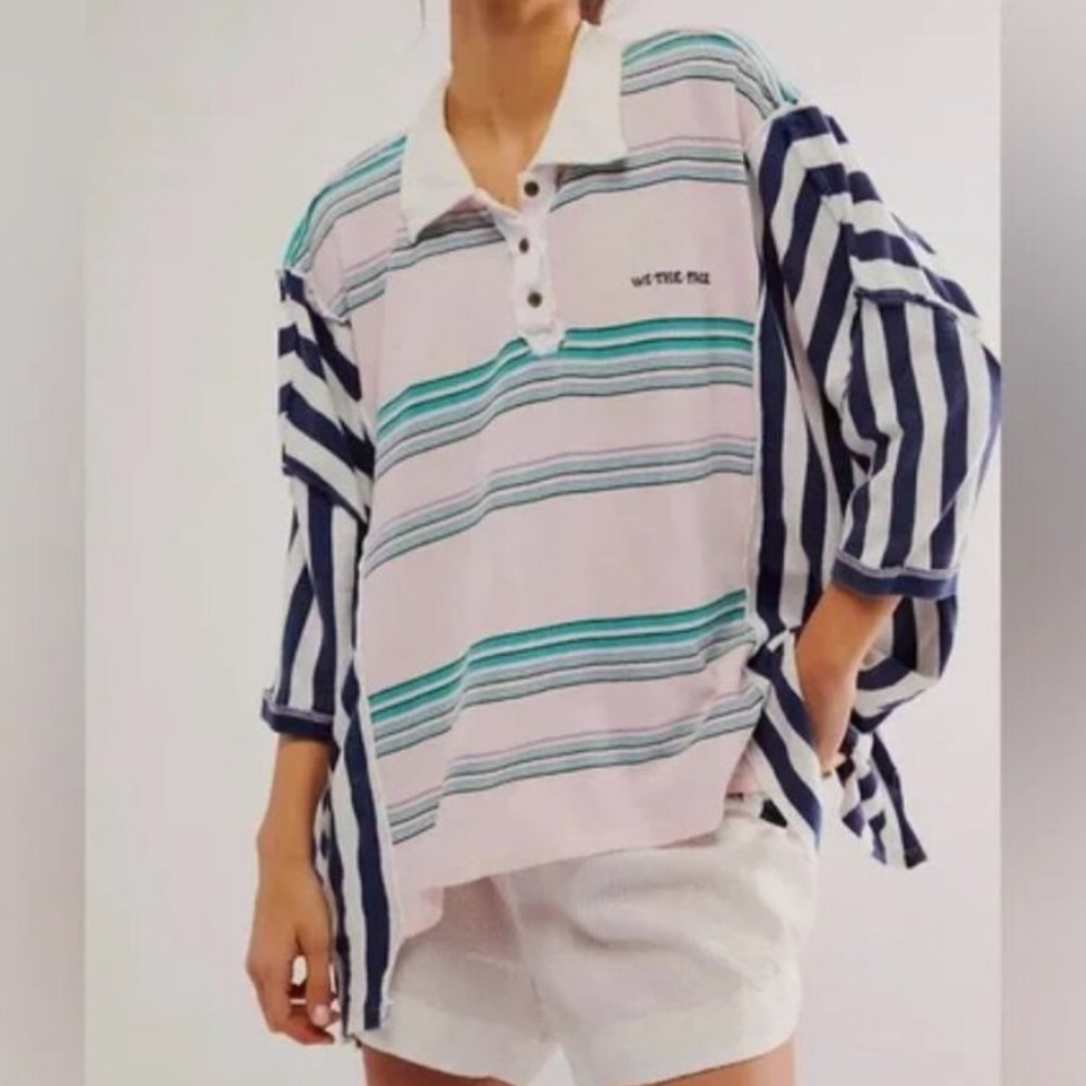 WE THE FREE Schools Out Polo in Blue/Pink Oversized Sz S Embroidered Logo Rugby